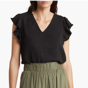Adrianna Papel Black Flutter Sleeve V Neck Blouse Medium